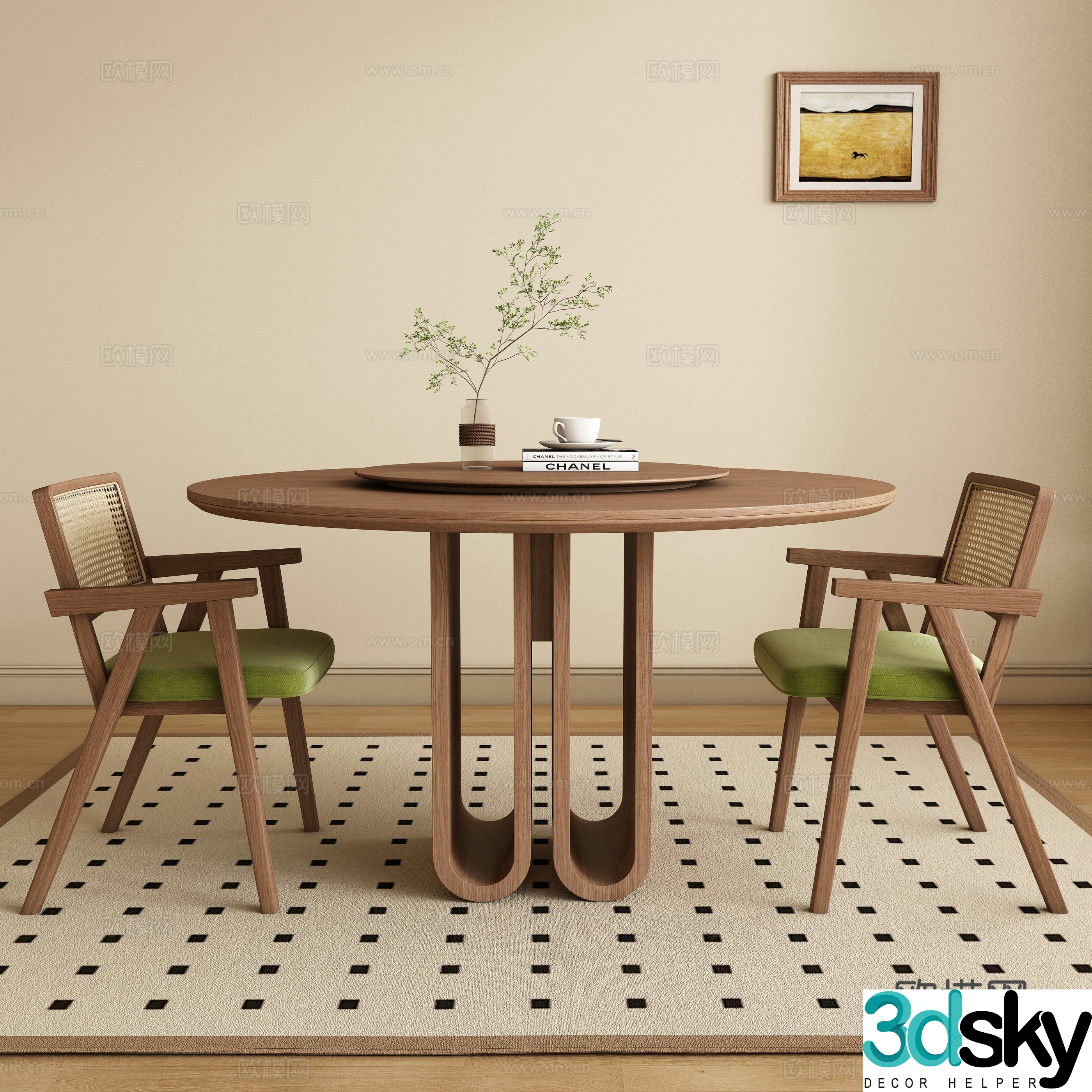 Medium style round dining table and chair 3D model