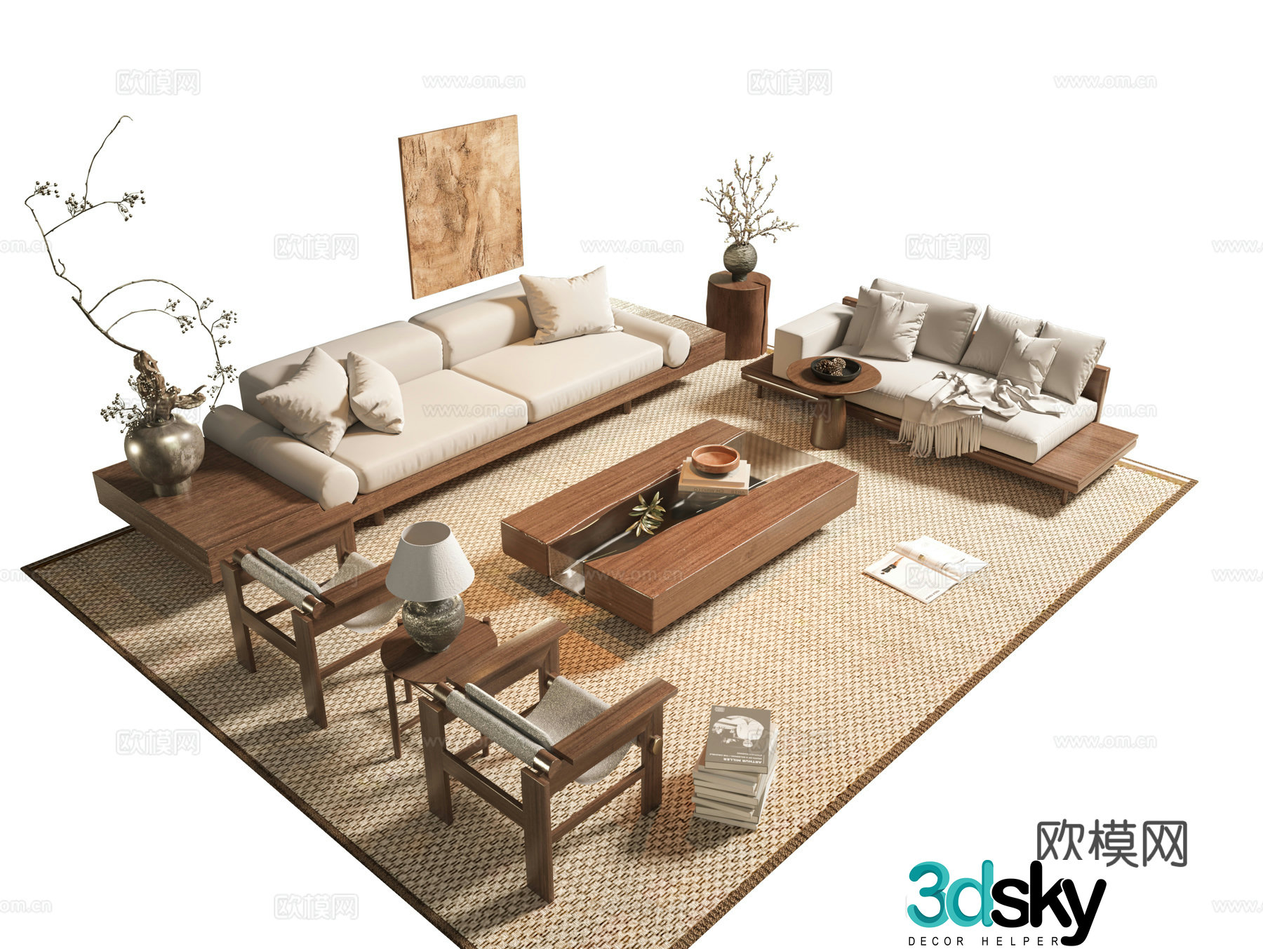 Wasabi Middle Style Sofa Coffee Table Combination Jewelry Ornaments Modern Sofa Combination Medium Style Decoration Painting 3D Model