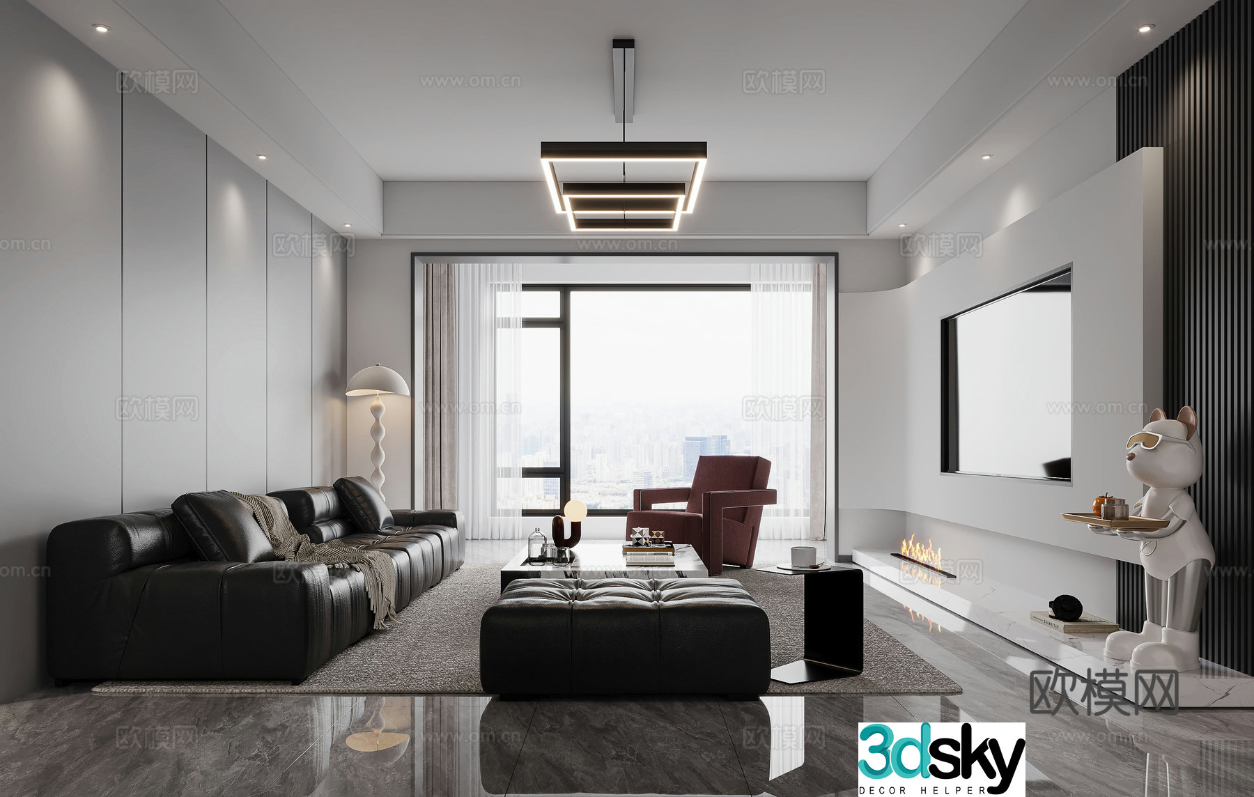 Modern black white and gray living room sofa coffee table combination main light 3D model
