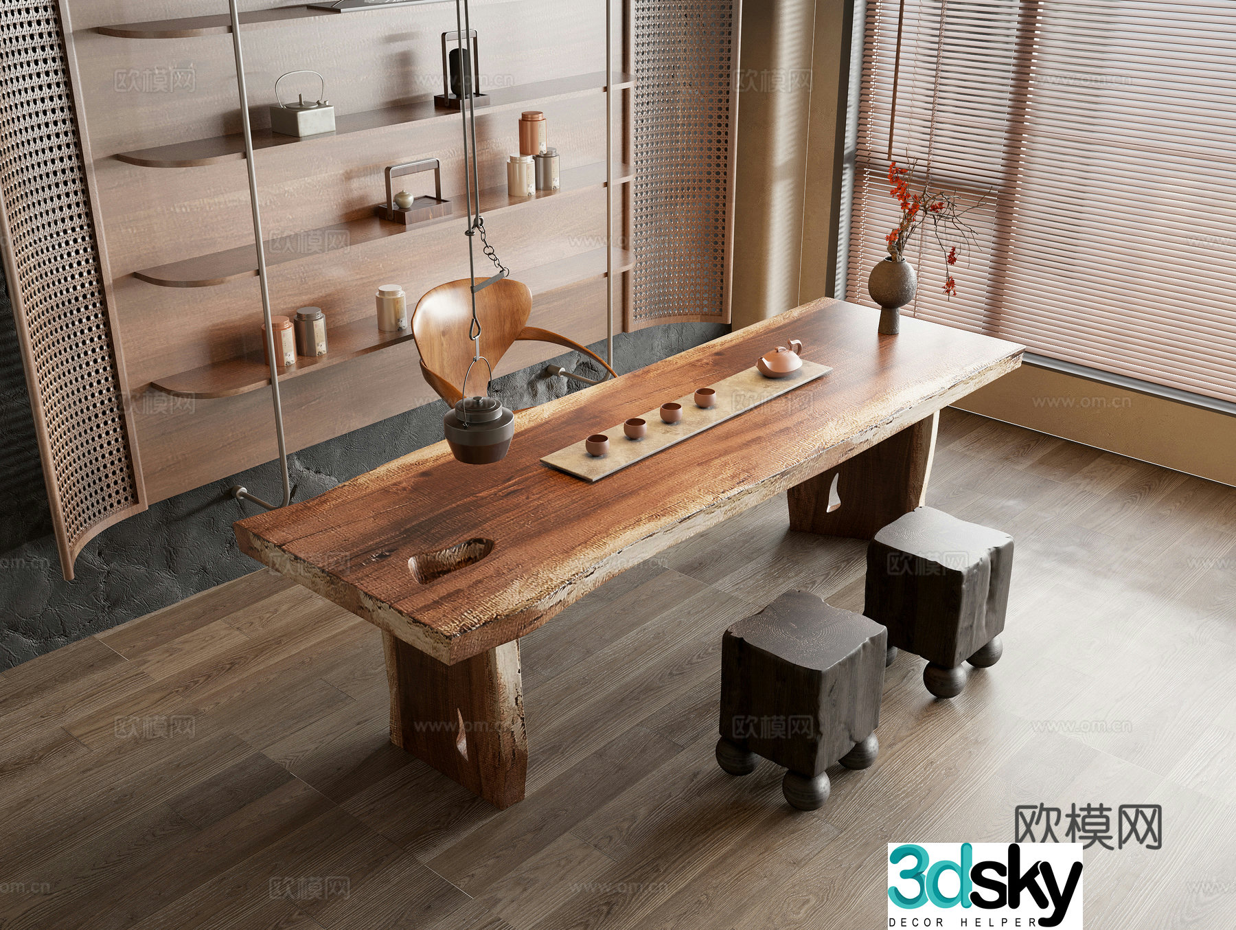 Solid wood tea table Solid wood single chair Solid wood square stool Solid wood decorative rack Tea cabinet 3D model