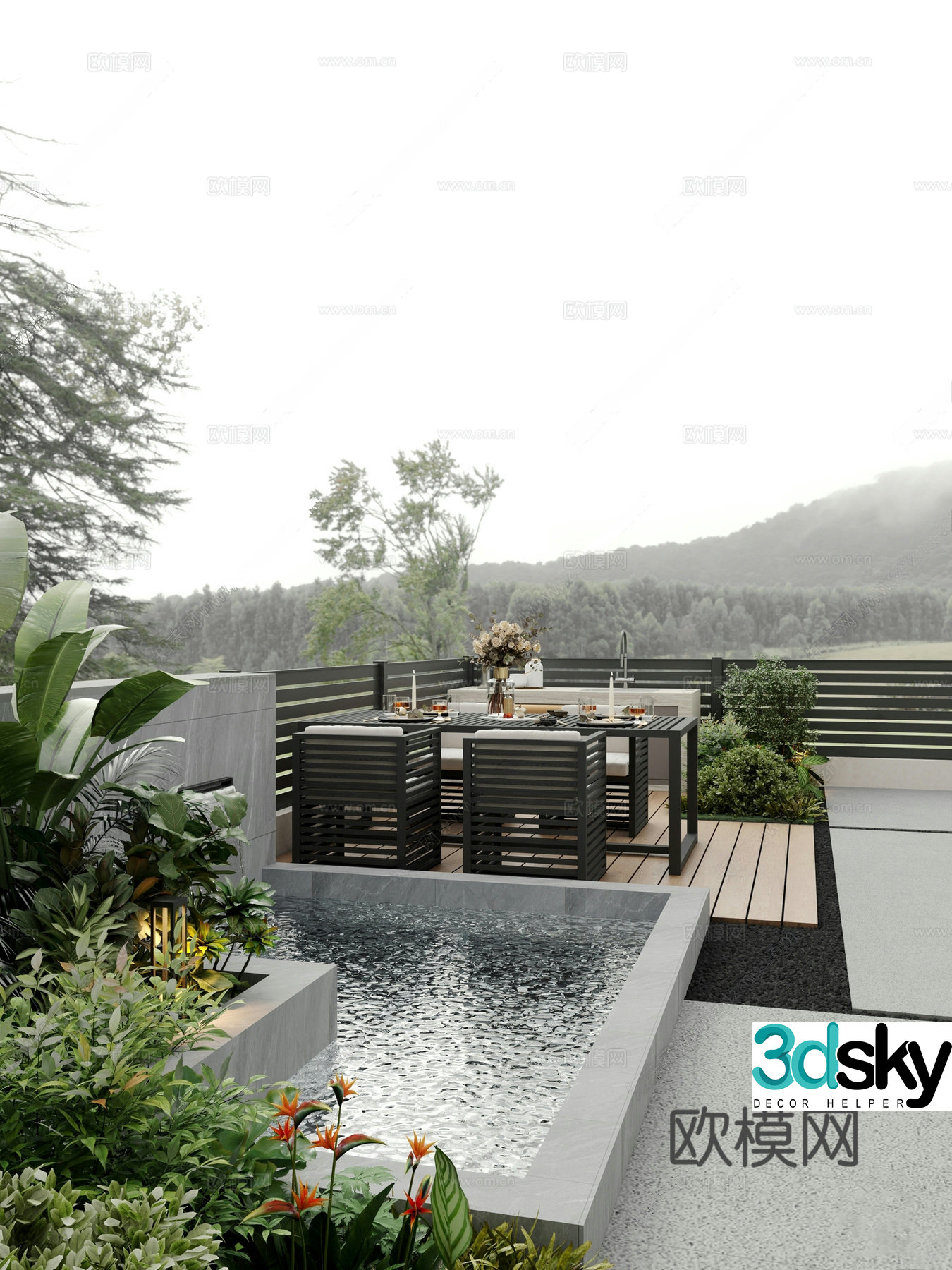 Modern balcony fish pond green plants leisure tables and chairs wooden floor 3d model