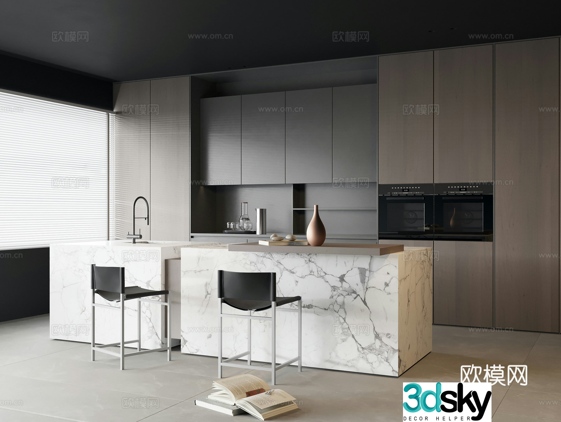 Modern open kitchen island dining table marble middle island metal dining chair solid wood sideboard 3D model