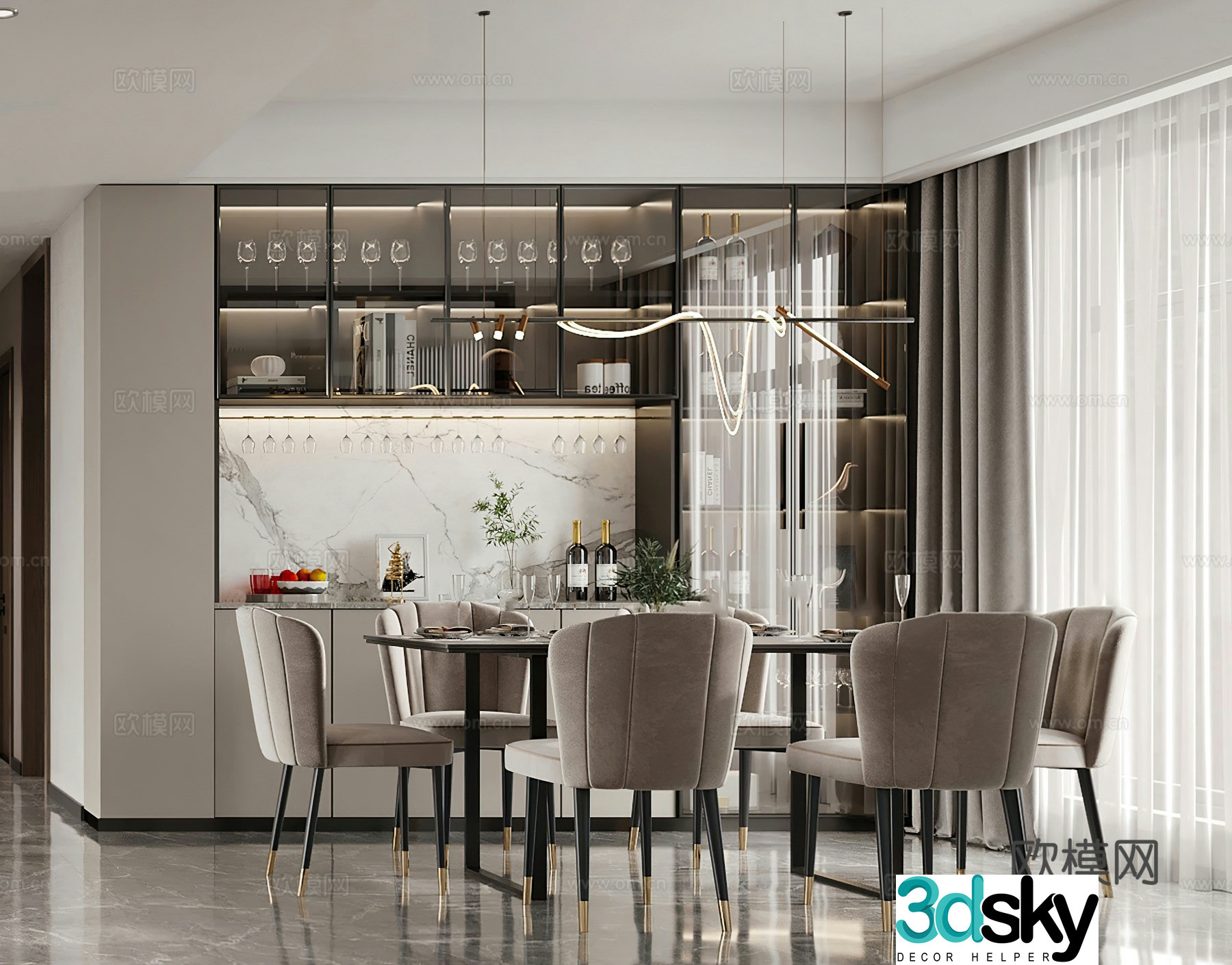 Modern light luxury restaurant wine cabinet dining table modern living restaurant simple chandeliers Italian restaurant 3d model