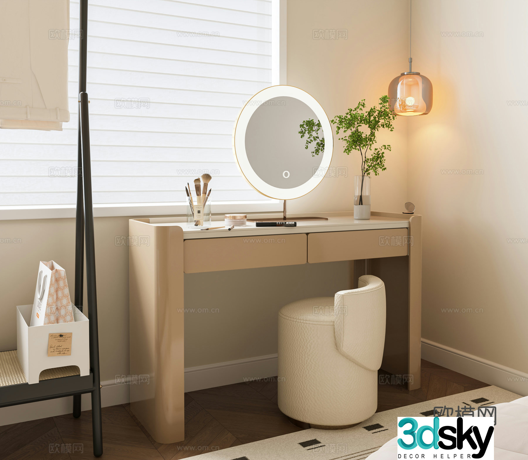 Modern dressing table makeup stool combination mirror green plants cream style dressing table dressing mirror hanging 3D model