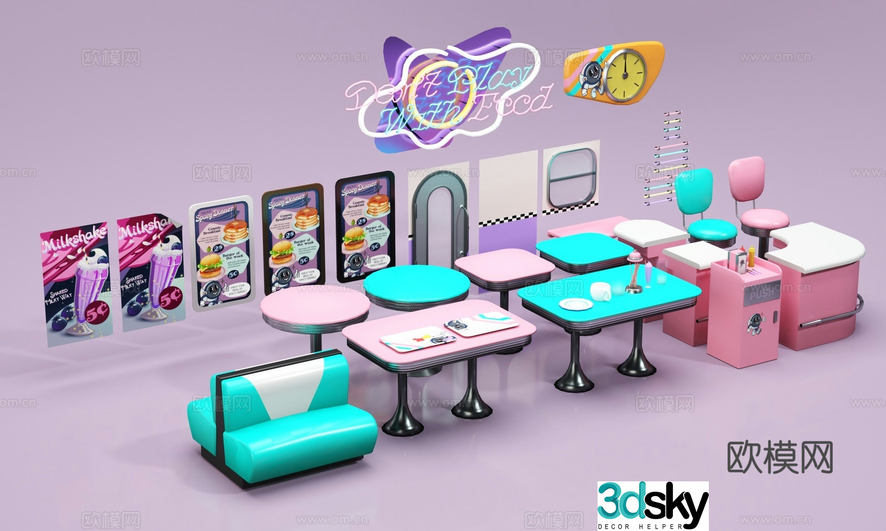 Modern dining table and chairs Fast food table and chairs Hamburger shop table and chairs Doors and windows Ornaments Furniture Neon 3D model