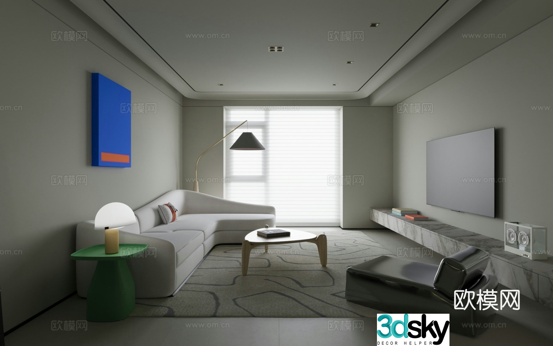 Living room sofa carpet coffee table hanging painting floor lamp 3d model