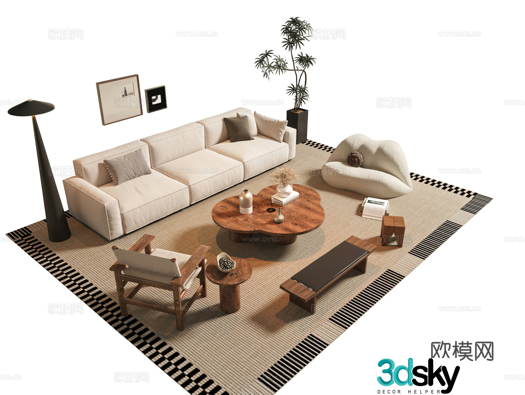 Modern Wasabi Middle Style Sofa Coffee Table Combination Jewelry ornaments Modern Sofa Combination Medium Style 3D Model