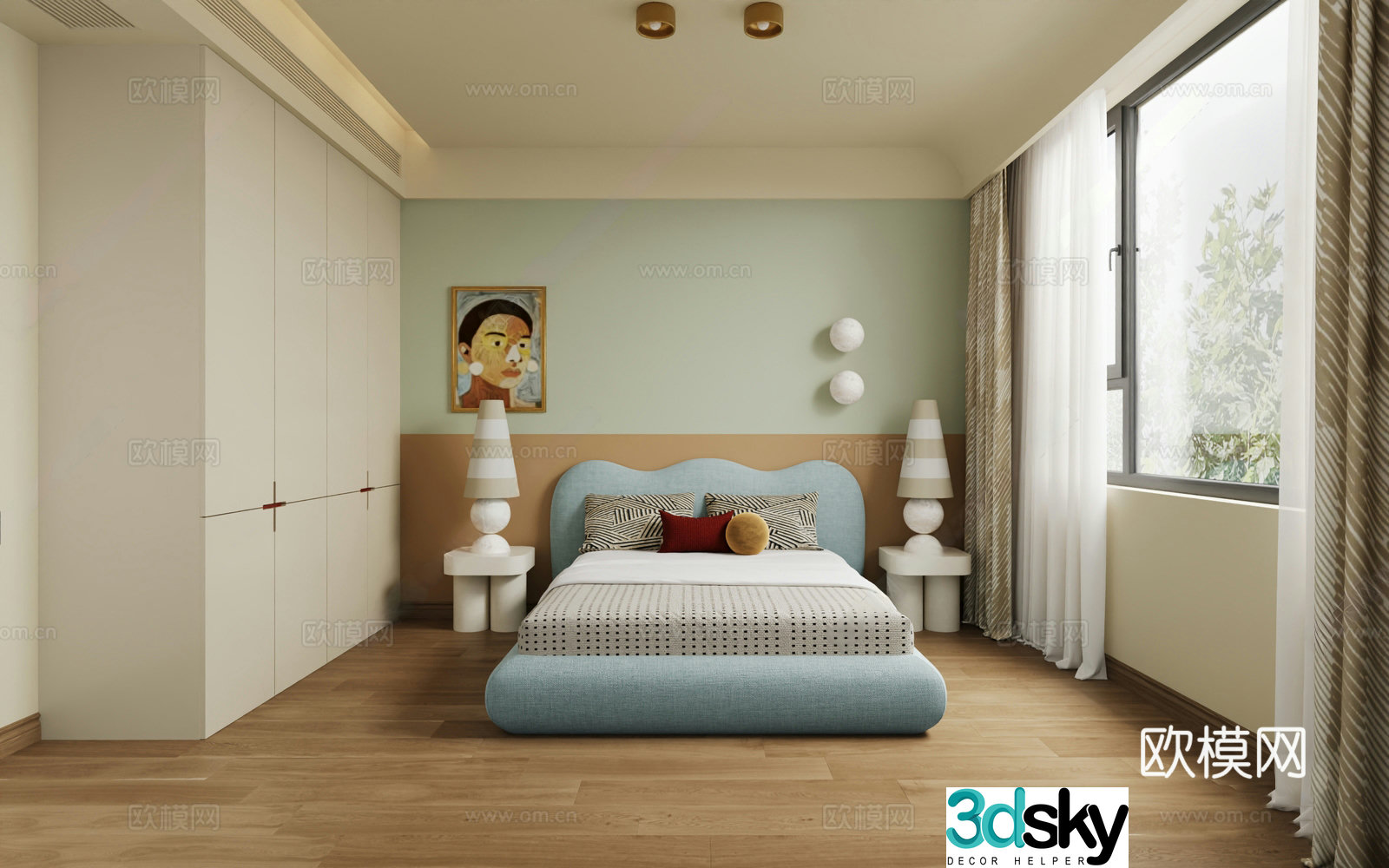 Modern boy room double bed nightstand bedside bedside background wall wardrobe wooden floor curtain 3d model