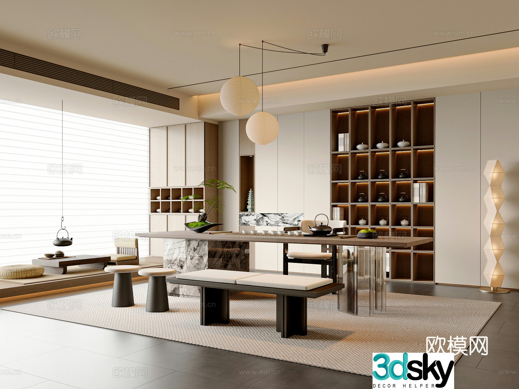 New Chinese style Chinese tea room tea table and chair combination tea room cabinet new Chinese style chandeliers tea room accessories ornaments 3D model
