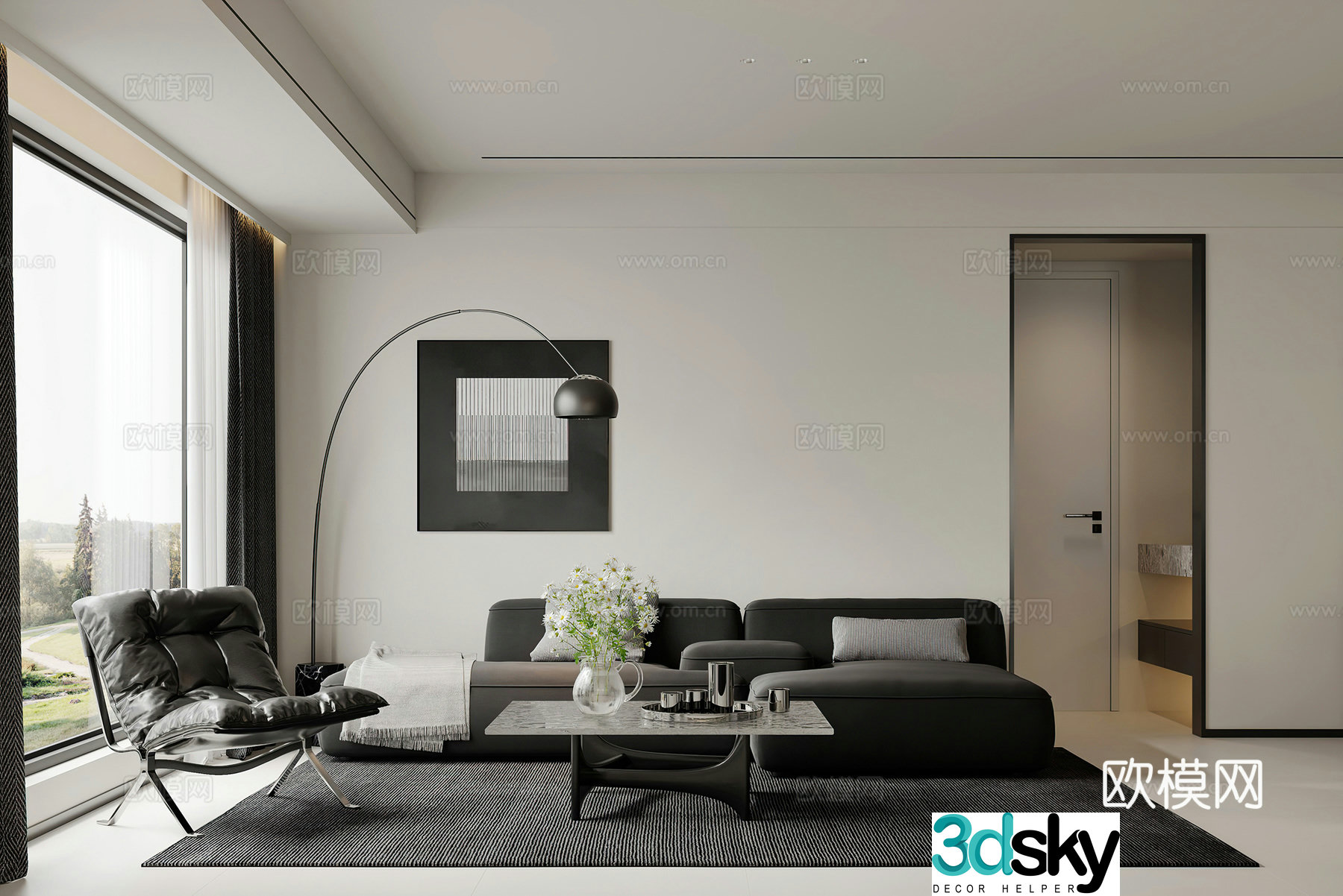 Modern living room combination sofa leisure chair modern living and dining room simple black white and gray side 3D model