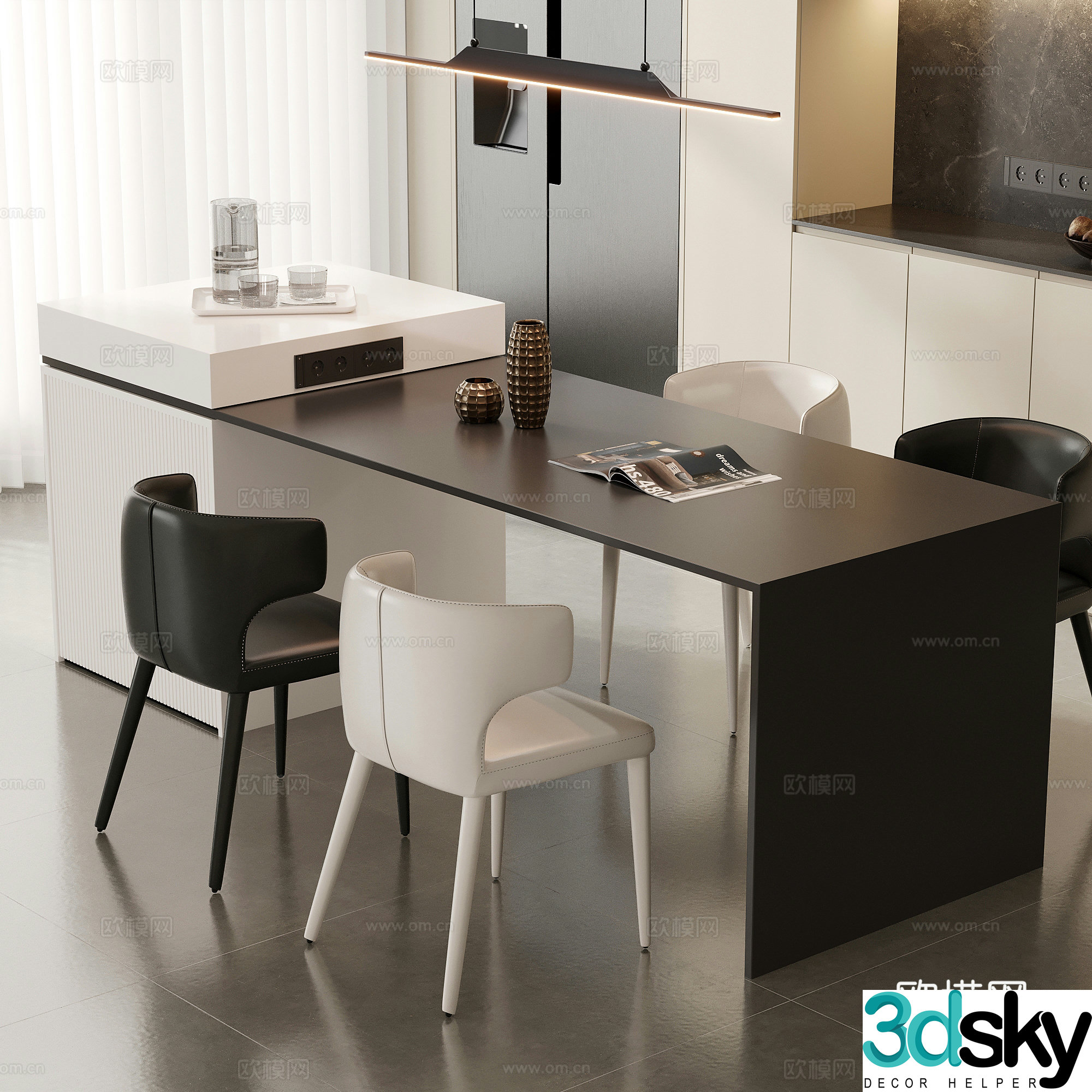 Modern minimalist restaurant island dining table and chair 3D model