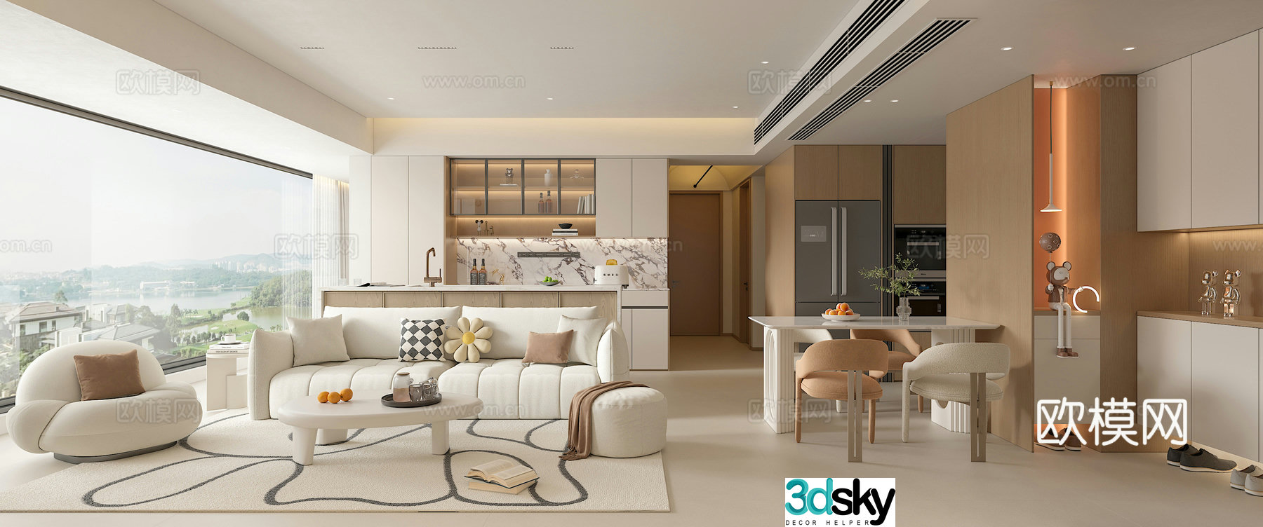 Modern creamy dining room sofa and coffee table combination dining table and chair combination bar kitchen cabinet 3D model