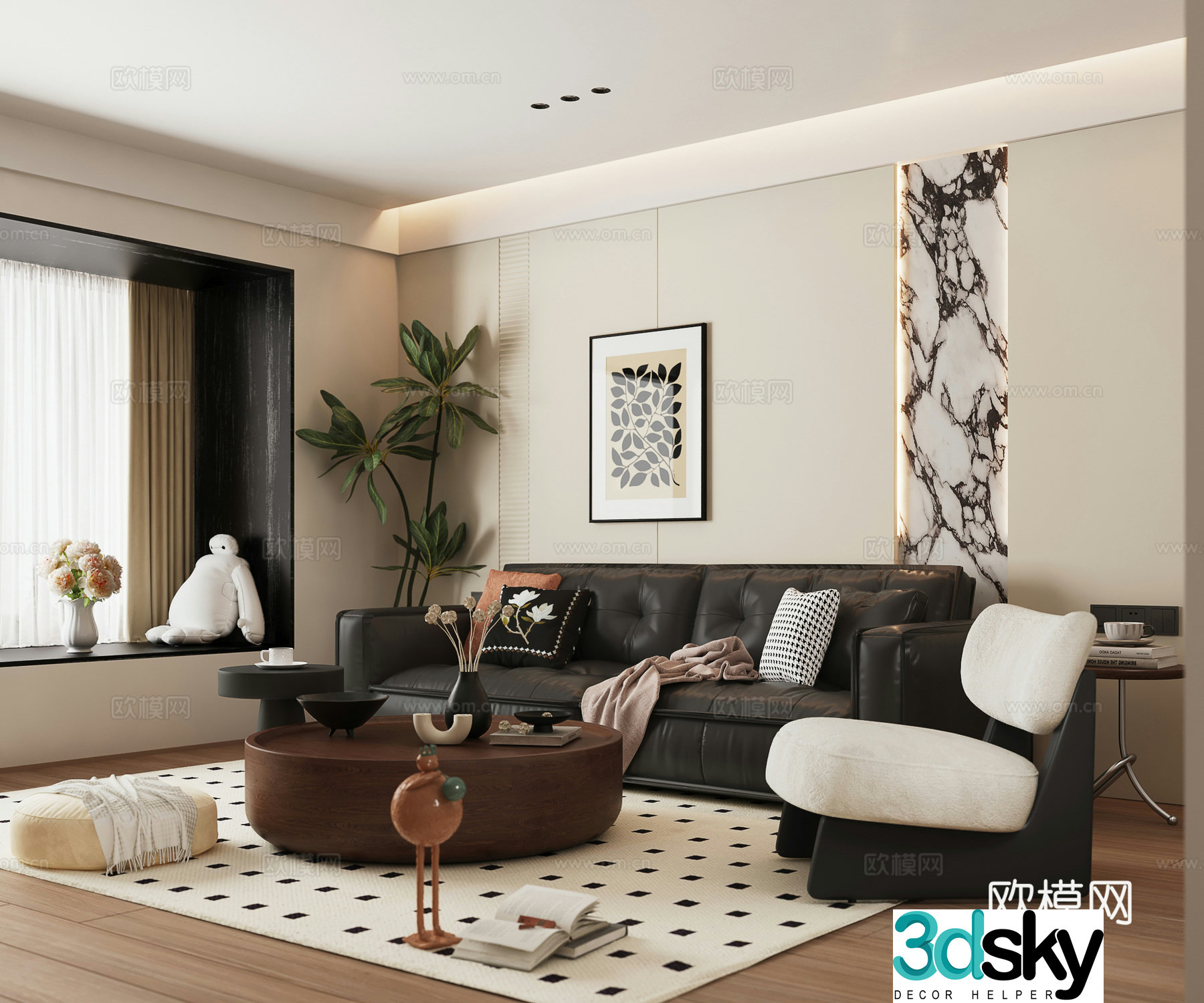 Retro living room medieval style living room bay window living room log living room 3d model
