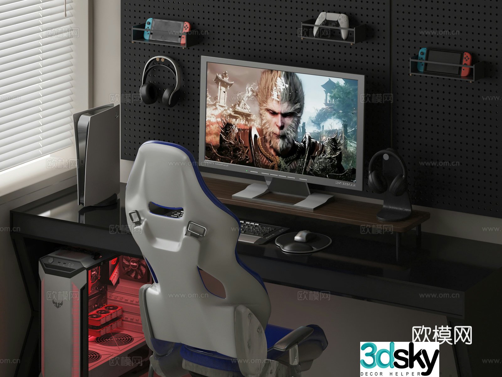 E-sports game table and chair computer headset 3d model