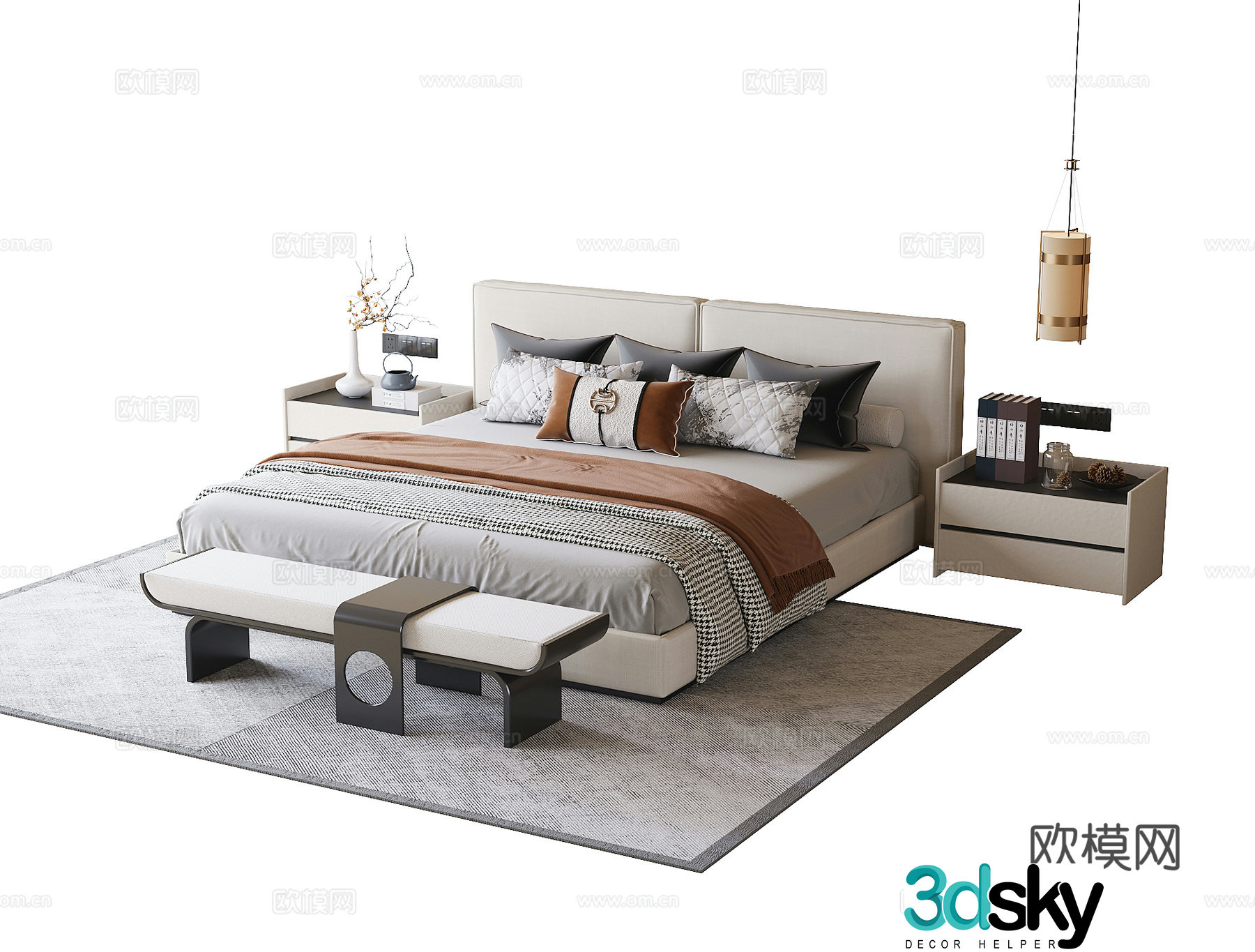 New Chinese style double bed bed tail stool bedside table 3D model