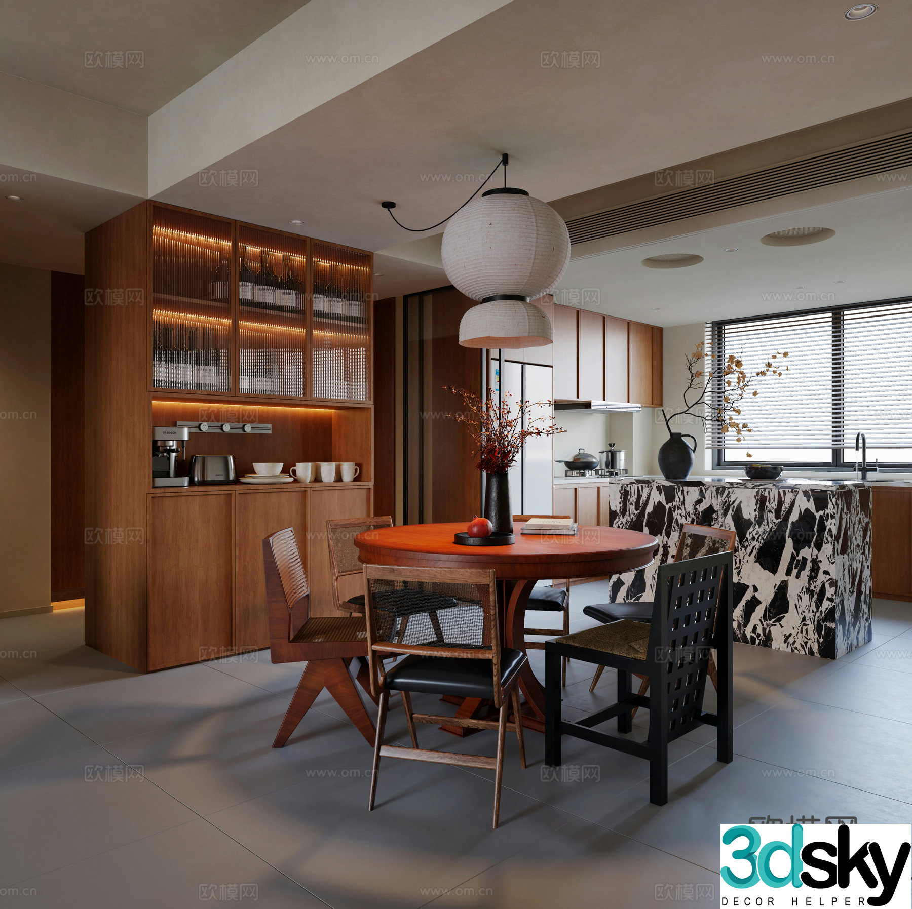 Middle style restaurant Round dining table Wine cabinet Retro restaurant New Chinese style restaurant Middle style kitchen 3D model