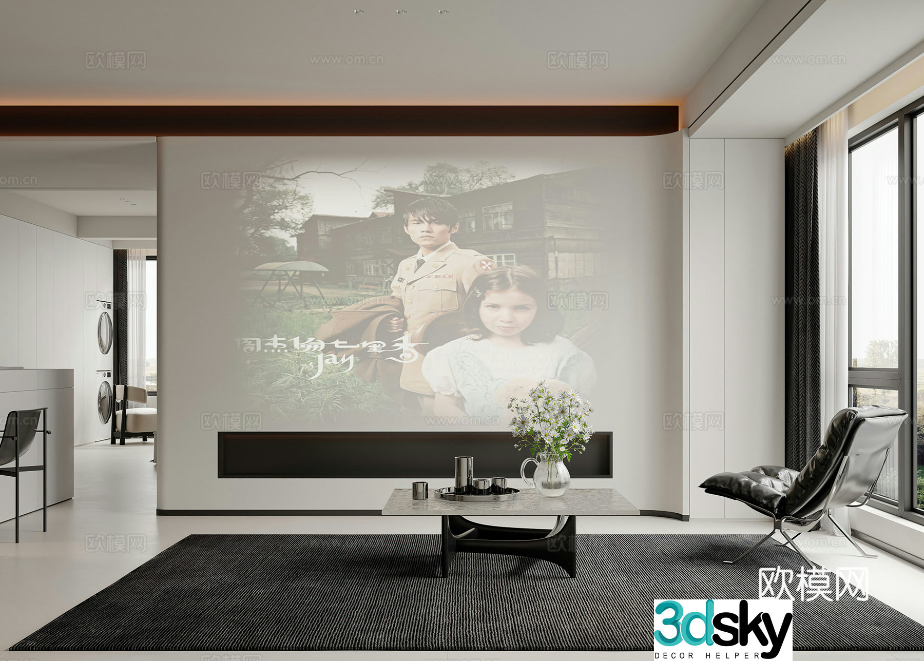 Modern living room projector TV background wall TV cabinet modern living room simple black and white 3d model