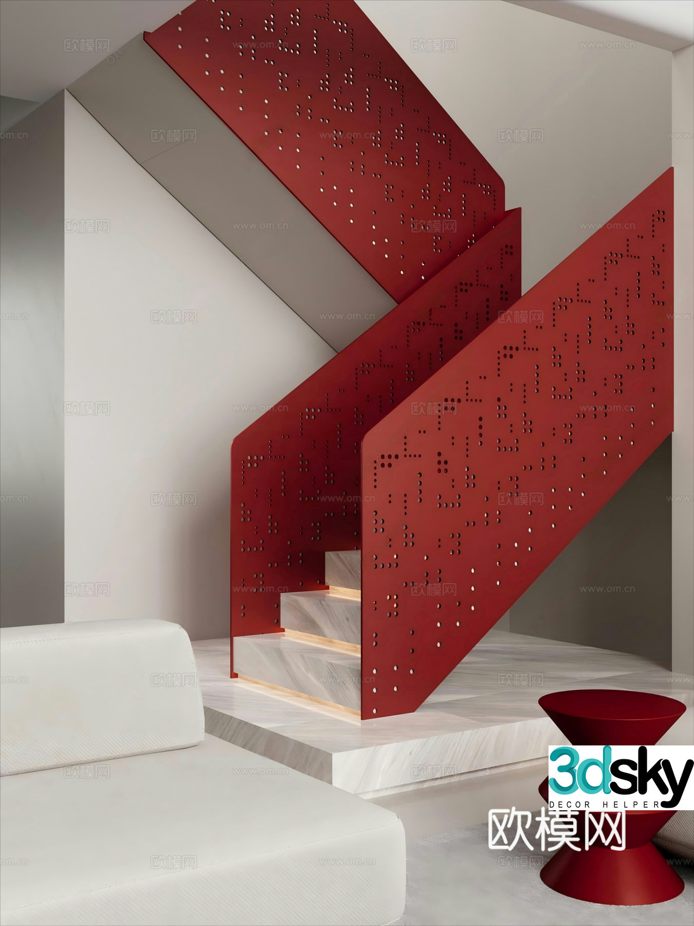 Modern minimalist villa living room stairs sofa 3d model