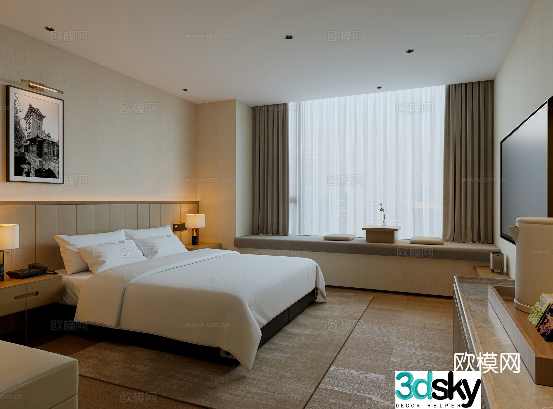 Modern hotel room queen room 3d model
