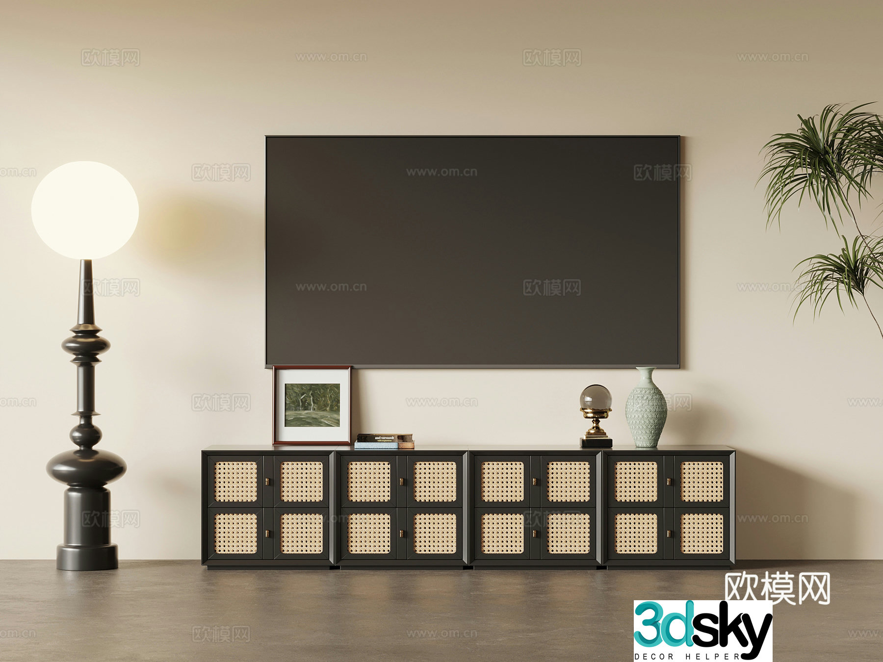 French retro style TV cabinet TV accessories ornaments floor lamp 3d model