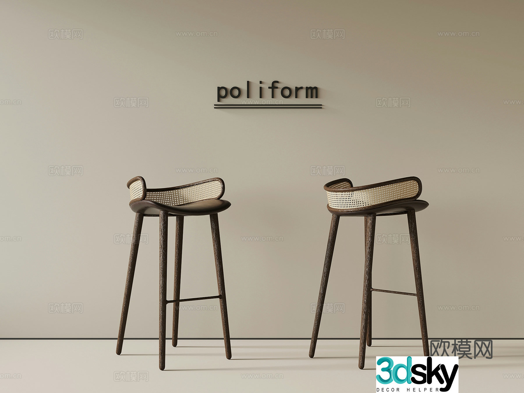 Middle-aged style bar chair rattan chair bar stool 3D model