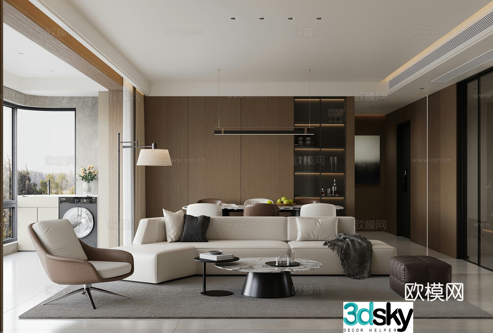 Modern living and dining room 3d model