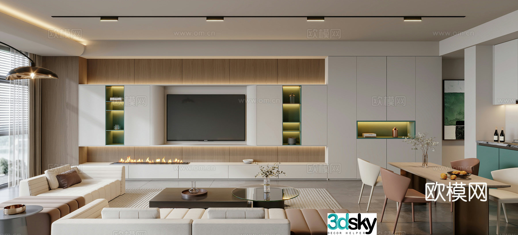 Modern large flat living and dining room 3D model