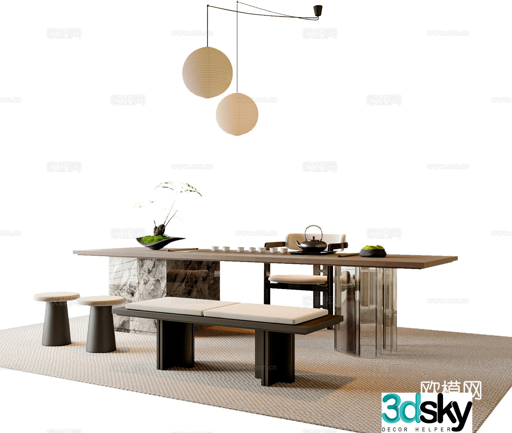 New Chinese style Chinese tea table and chair combination New Chinese style chandeliers Tea room accessories ornaments Tea table Song style 3D model