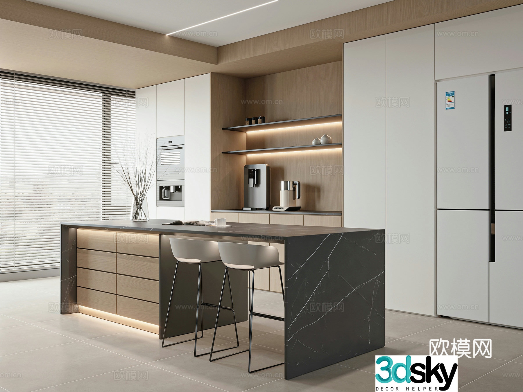 Modern black and white island restaurant 3d model