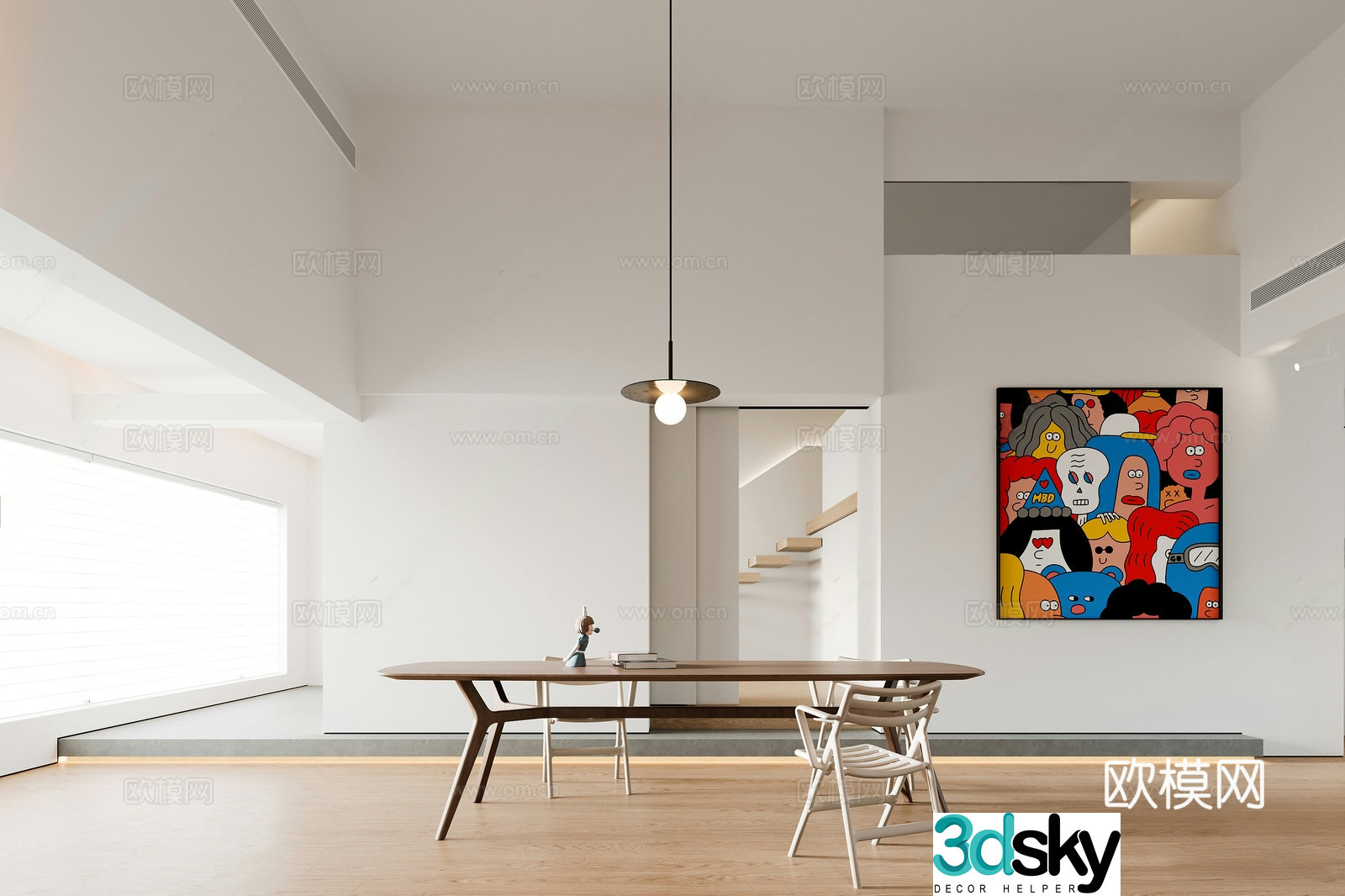 Modern minimalist villa restaurant dining table and chair combination art hanging painting restaurant chandeliers sofa coffee table set 3D model