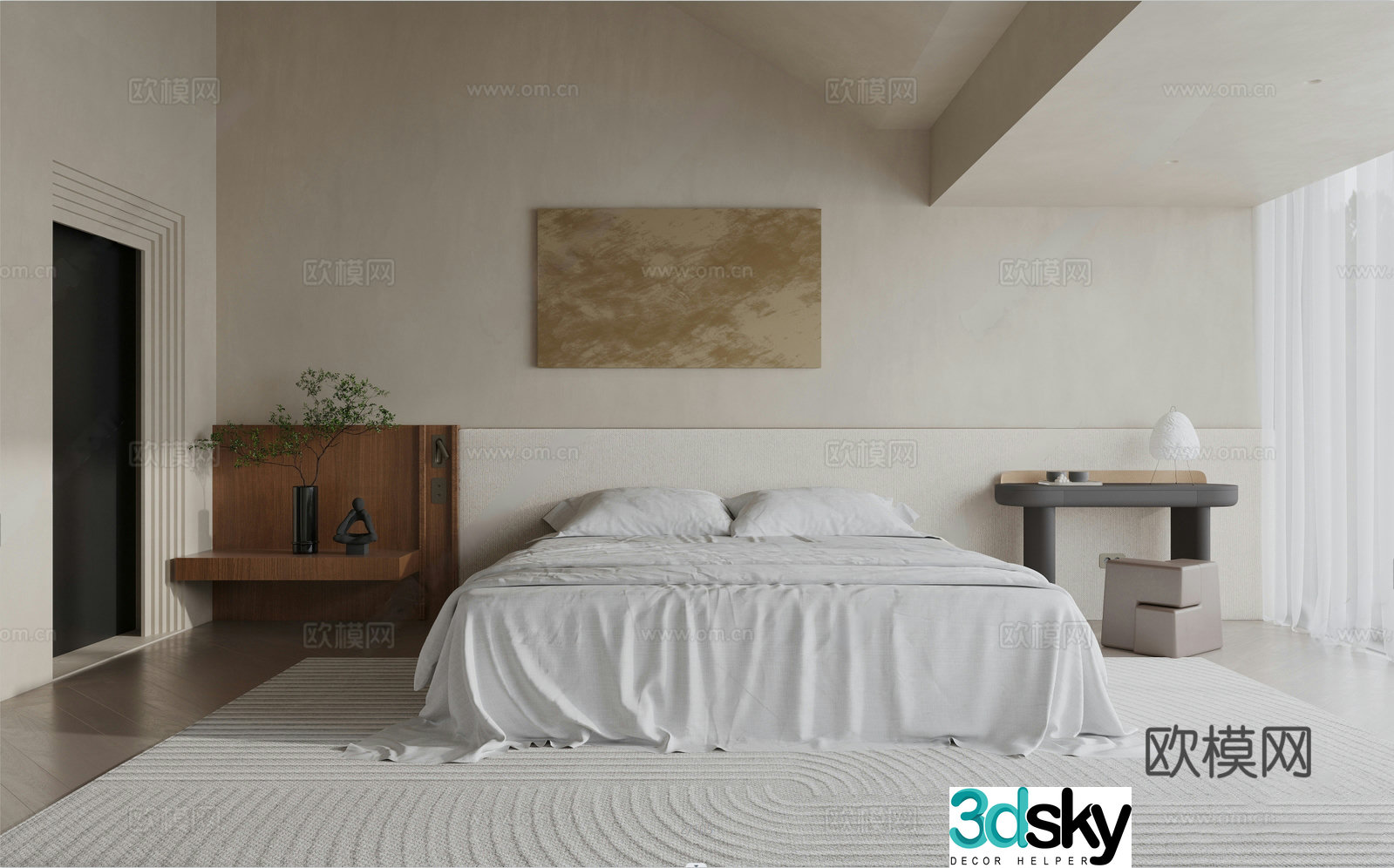 Wasabi Cream White Home Bedroom Double Bed Bedroom Sofa Coffee Table Combination Casual Sofa Carpet 3D Model