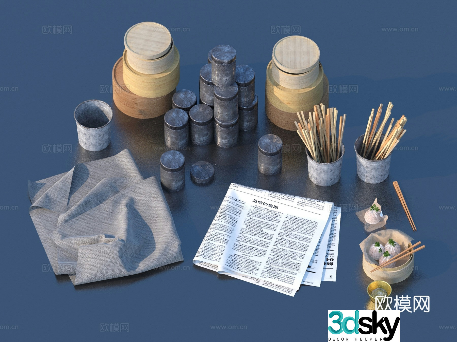 Chopsticks rags buns meat buns vegetable buns food 3d model