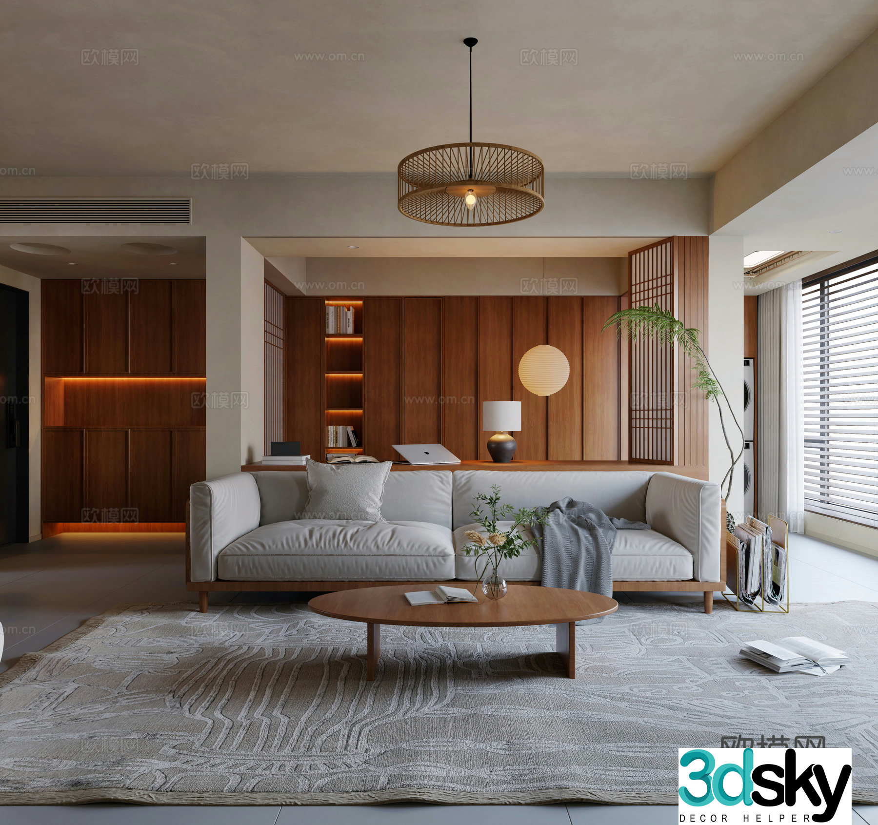 Middle-aged living room combination sofa study desk new Chinese living room living and dining room chandeliers 3D model
