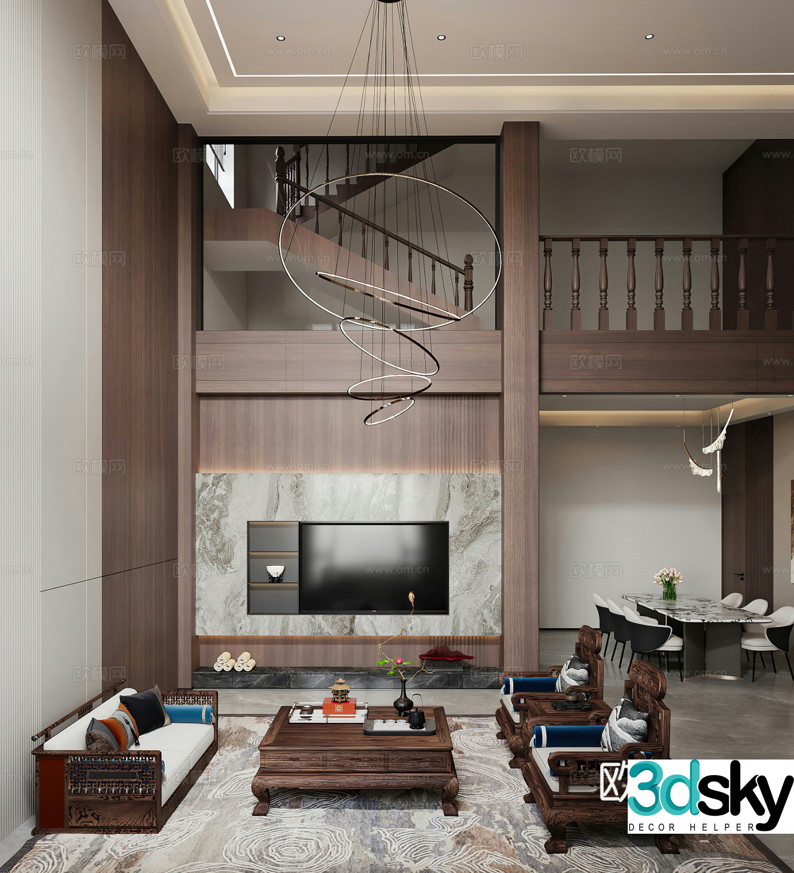 New Chinese style hollow villa living room and dining room solid wood furniture combination sofa medieval style living room 3D model