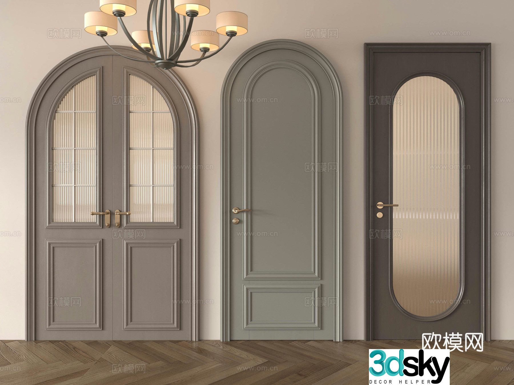 Middle-aged round arch French single-open door Single-open door Glass door Bedroom door Kitchen and bathroom door Balcony 3D model