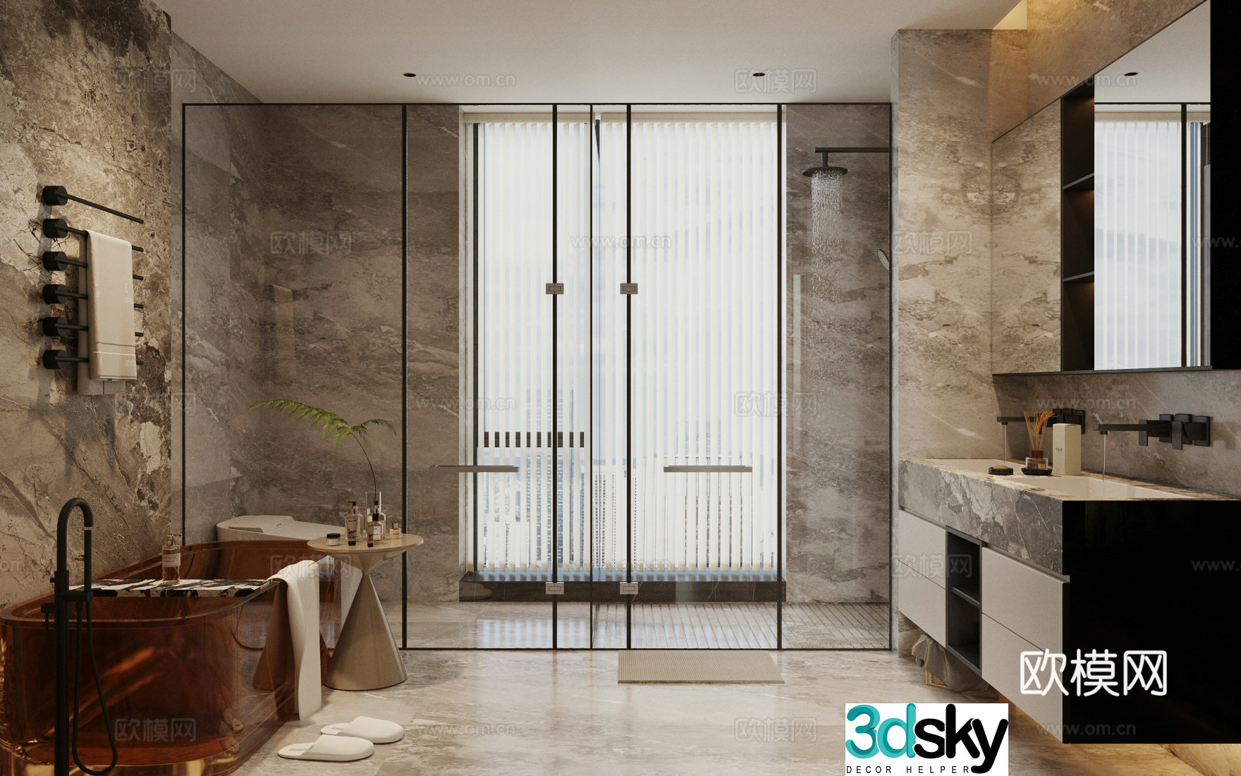 Light luxury Italian bathroom bathroom glass bathtub black and white and gray bathroom dry and wet bathroom 3D model