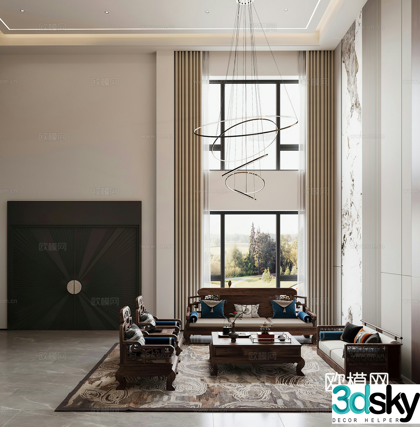 New Chinese style hollow villa living and dining room solid wood furniture combination sofa entrance door medieval style 3D model