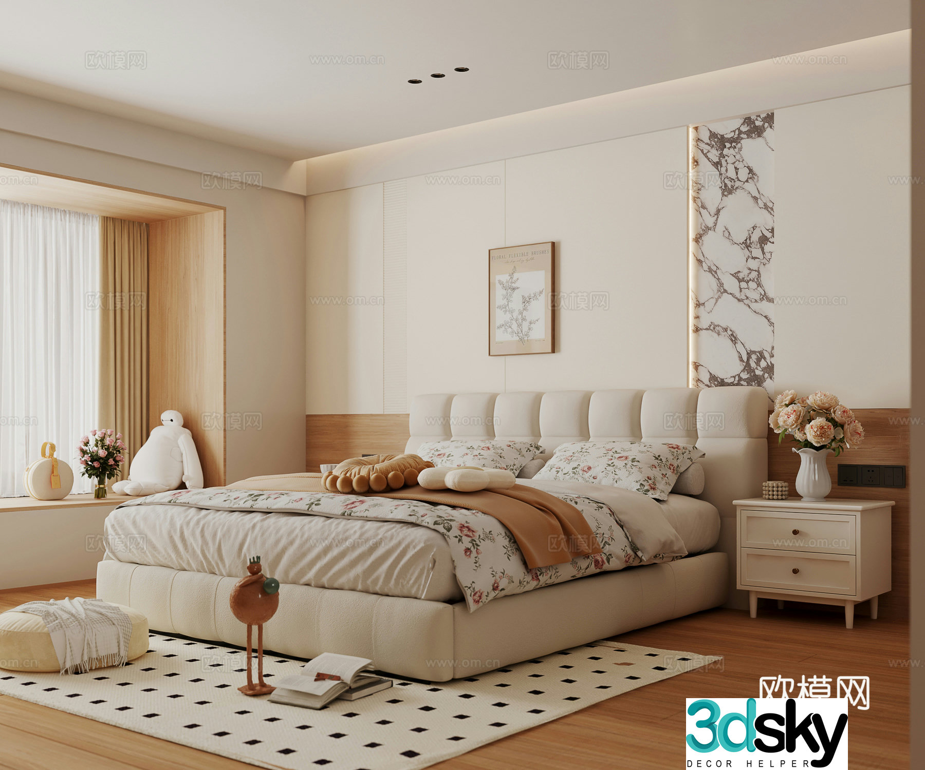 Cream log home bedroom log cream bay window bedroom 3d model