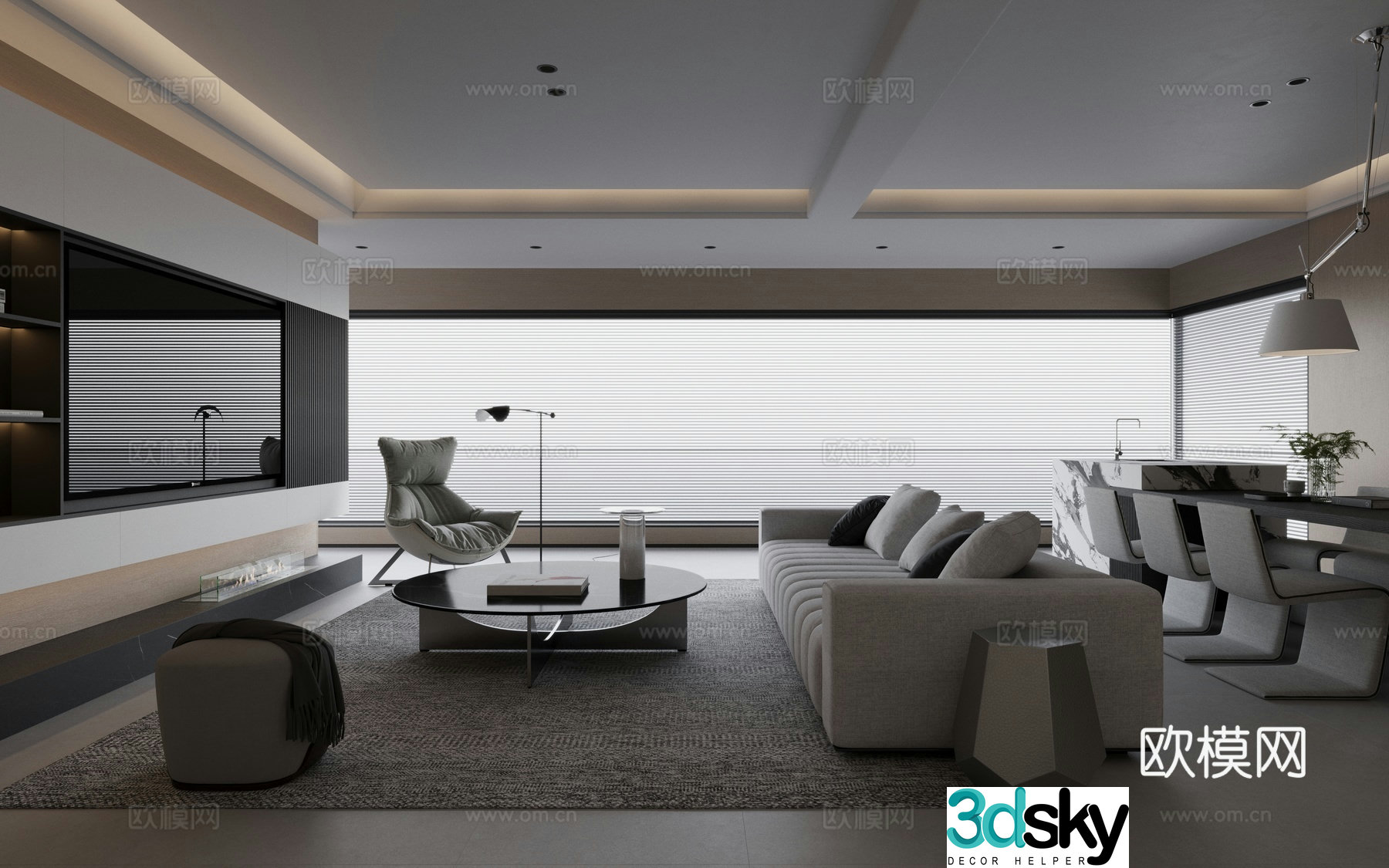 Modern living and dining room dining room living room sofa carpet coffee table 3d model
