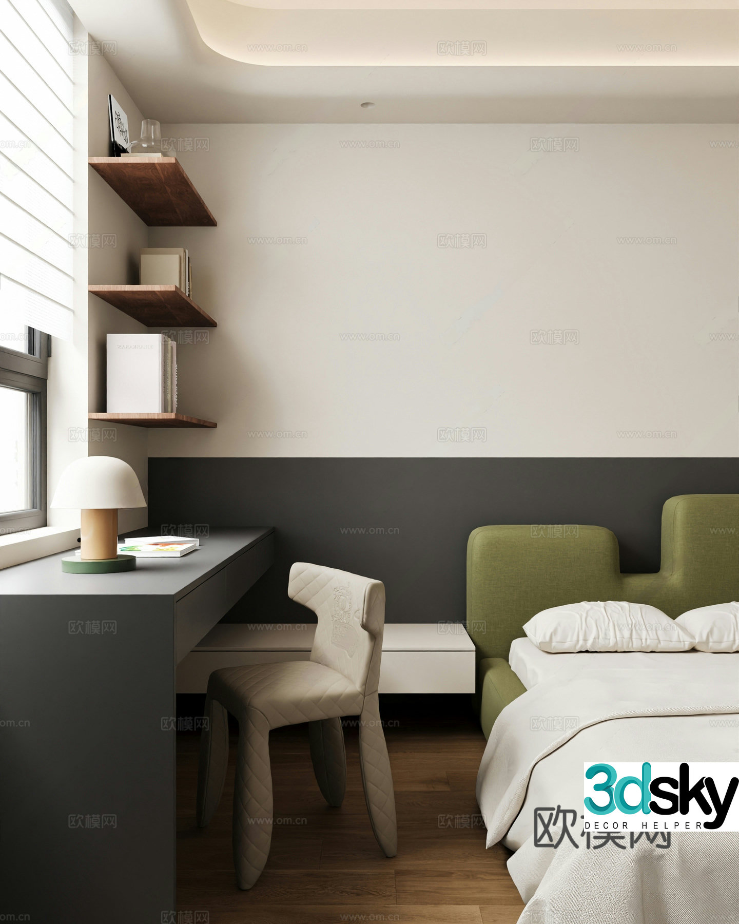 Modern boy’s bedroom single bed desk chair hanging painting decorative cabinet 3d model