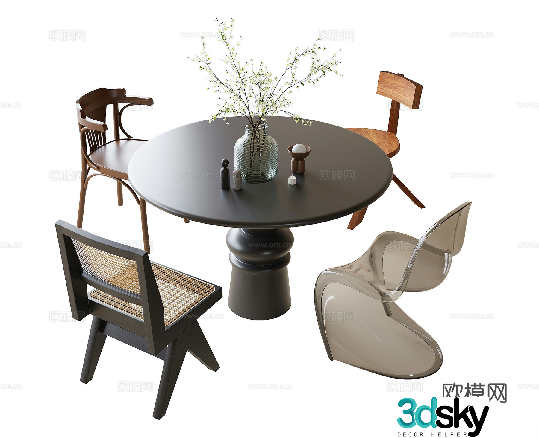 French dining table and chairs Single chair Dining chair Round dining table 3D model
