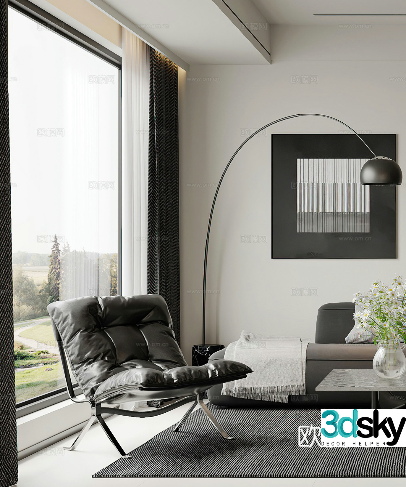 Modern leisure chair floor lamp side table corner table simple leisure chair black white and gray single chair 3D model