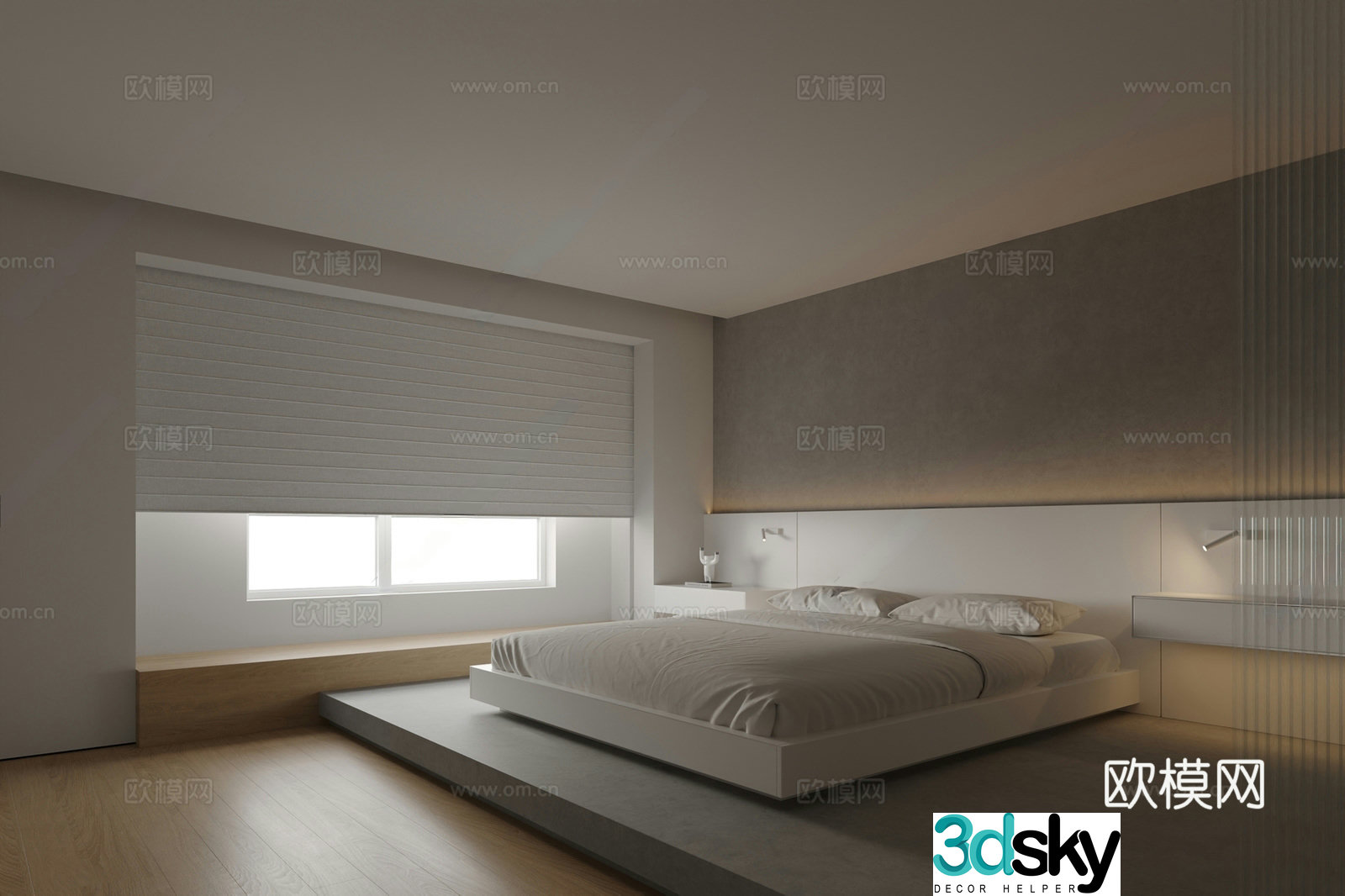Modern minimalist cement bedroom suspended bed double bed hanging bedside table wooden floor 3d model