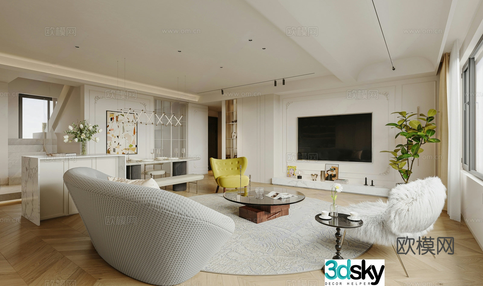French living and dining room sofa coffee table combination plush sofa TV cabinet lazy sofa jewelry 3D model