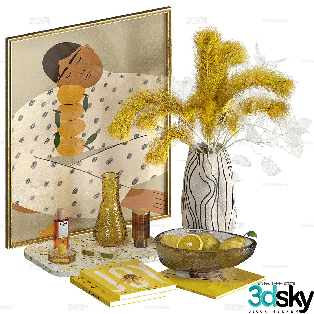 Modern light luxury Yellow Accent decorative set 3d model