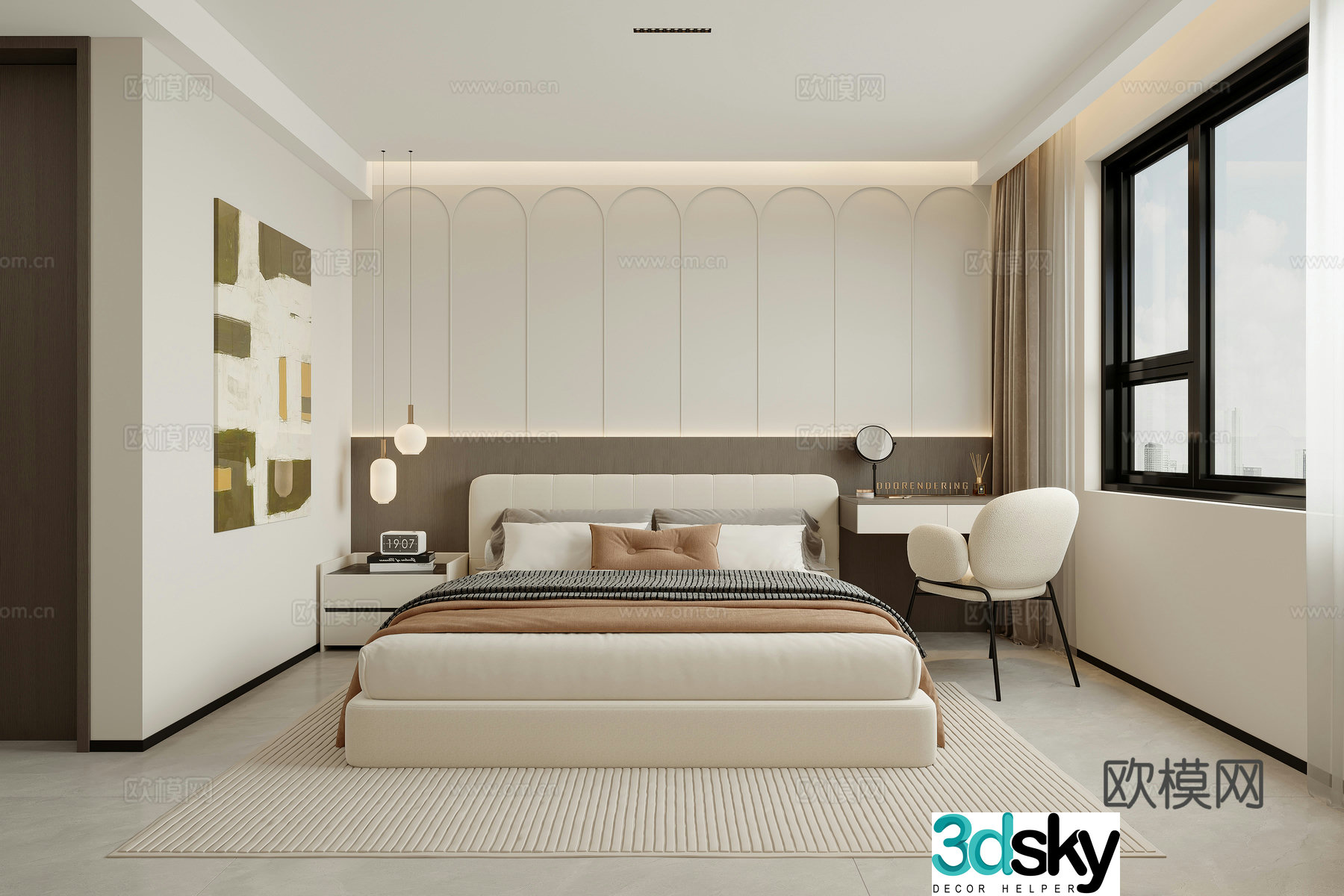 Modern creamy bedroom 3d model