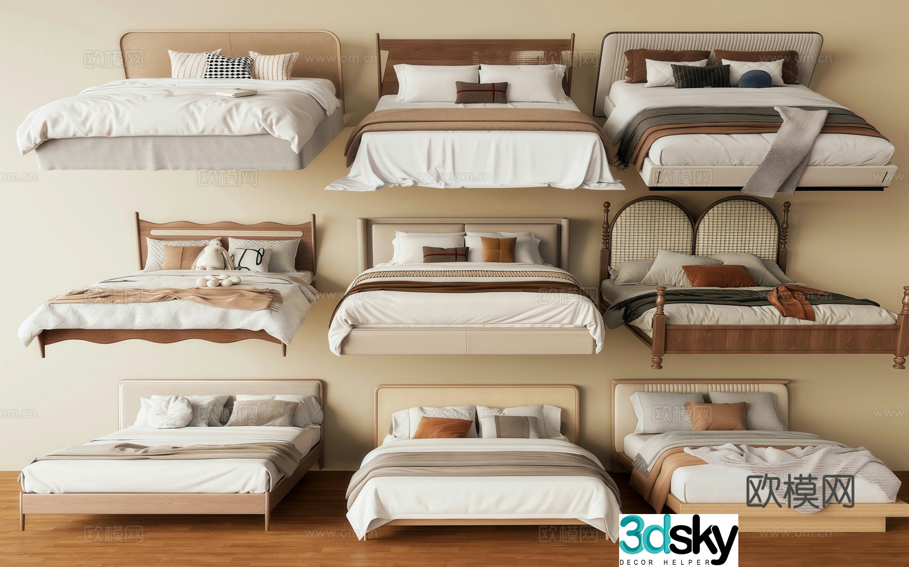 Middle style double bed wooden bed leather bed cloth bed 3d model