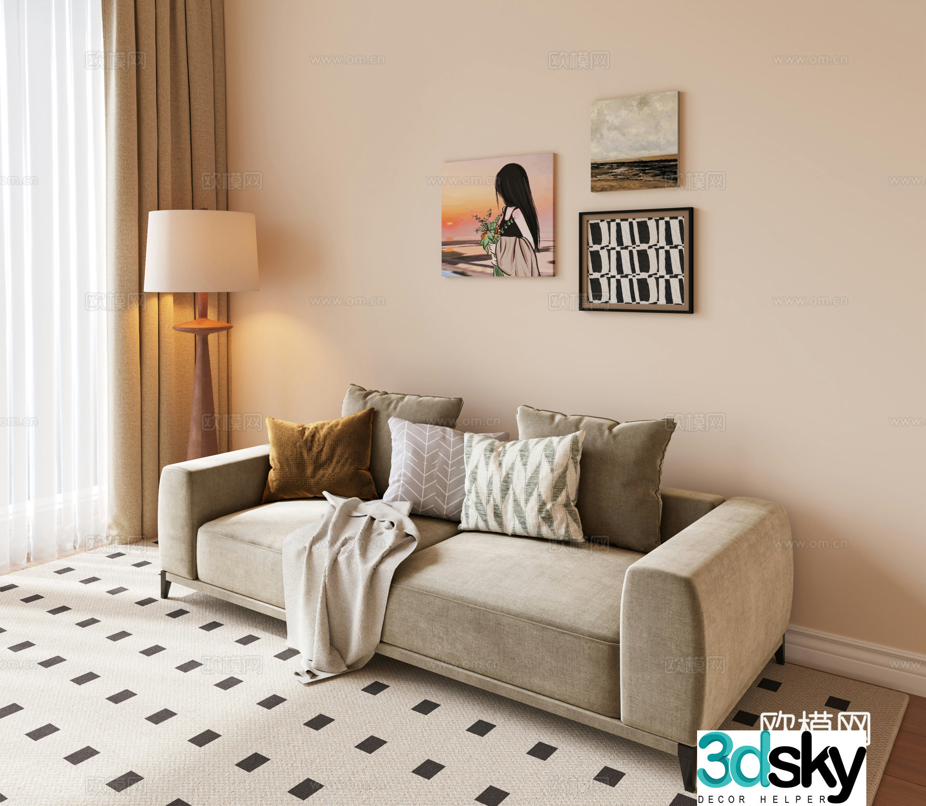 Modern double sofa with handrails Fabric sofa Modern decorative painting Modern sofa Floor lamp 3d model