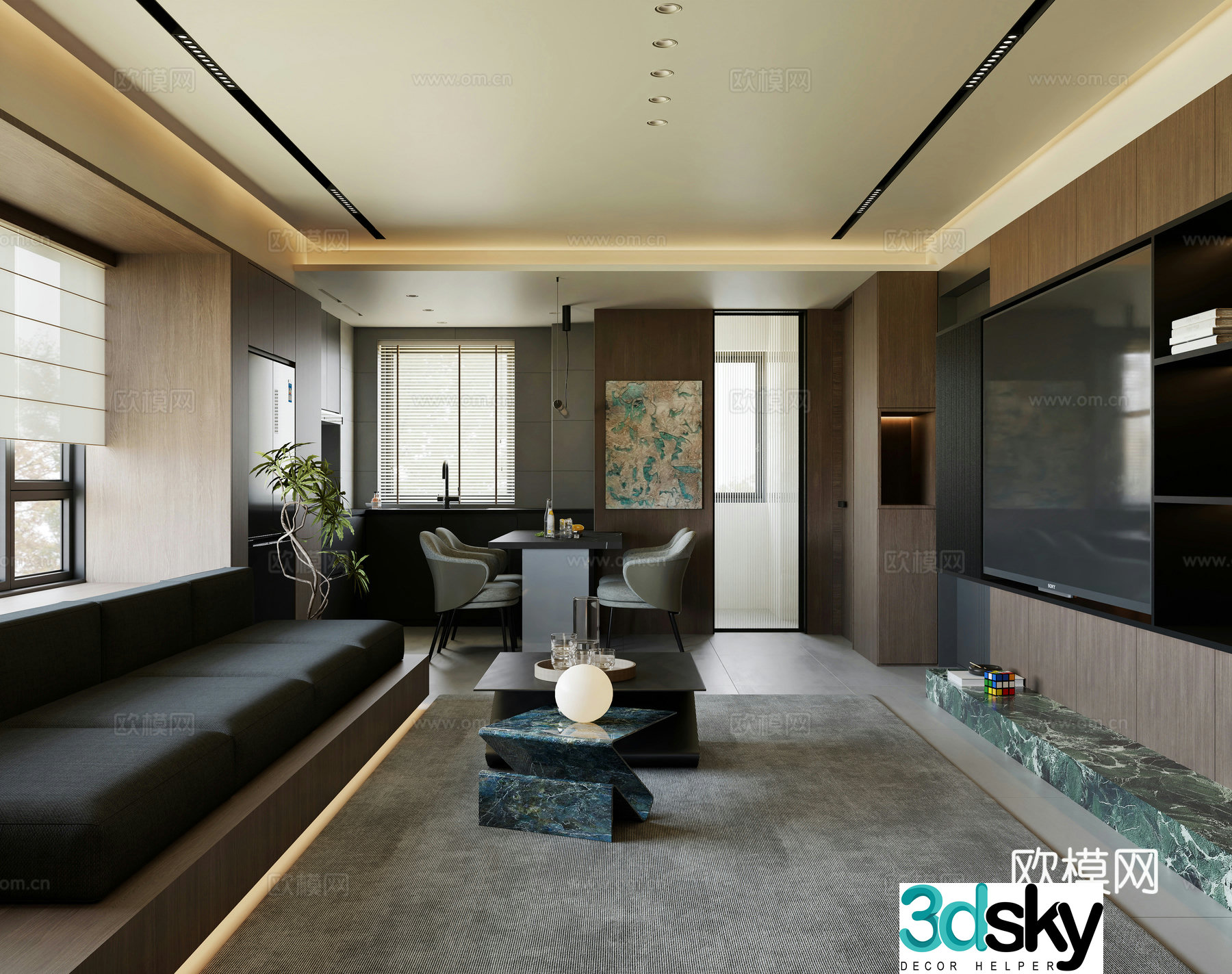 Modern living and dining room combination sofa dining table dark wind dark wind open kitchen western kitchen 3d model