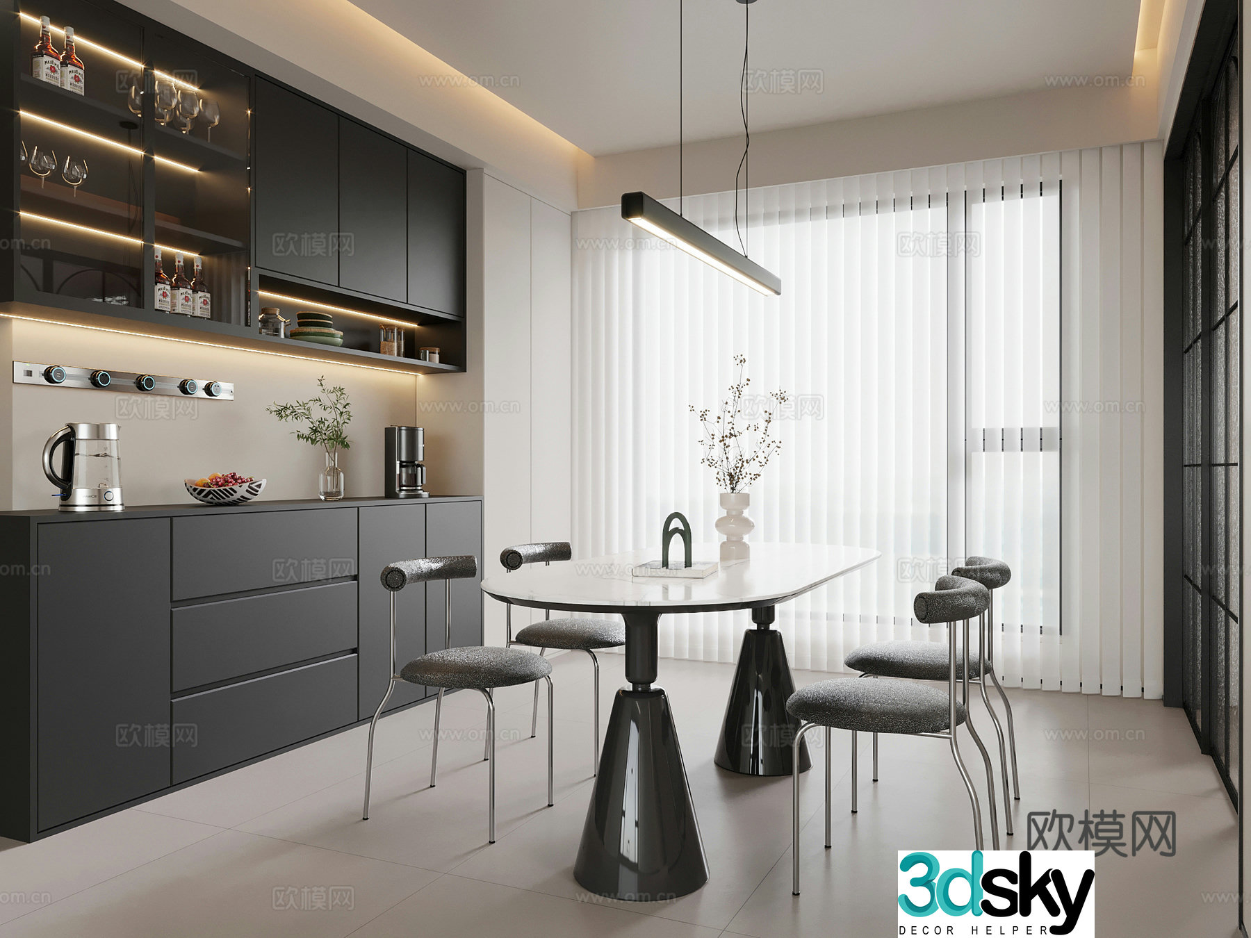 Restaurant Modern minimalist restaurant Wine cabinet Side cabinet Dining table and chair combination Black and white restaurant 3D model